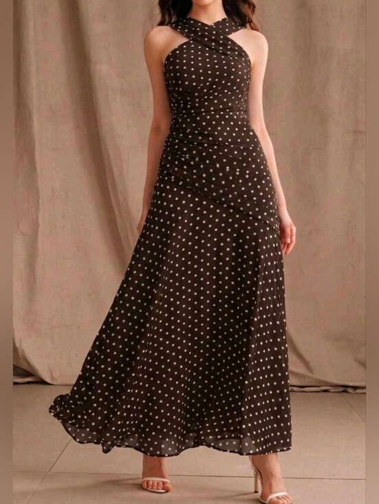 Boutique Dresses & Skirts - New Flowy Chiffon Polka Dot Halter Ruched Maxi Dress Brown White
